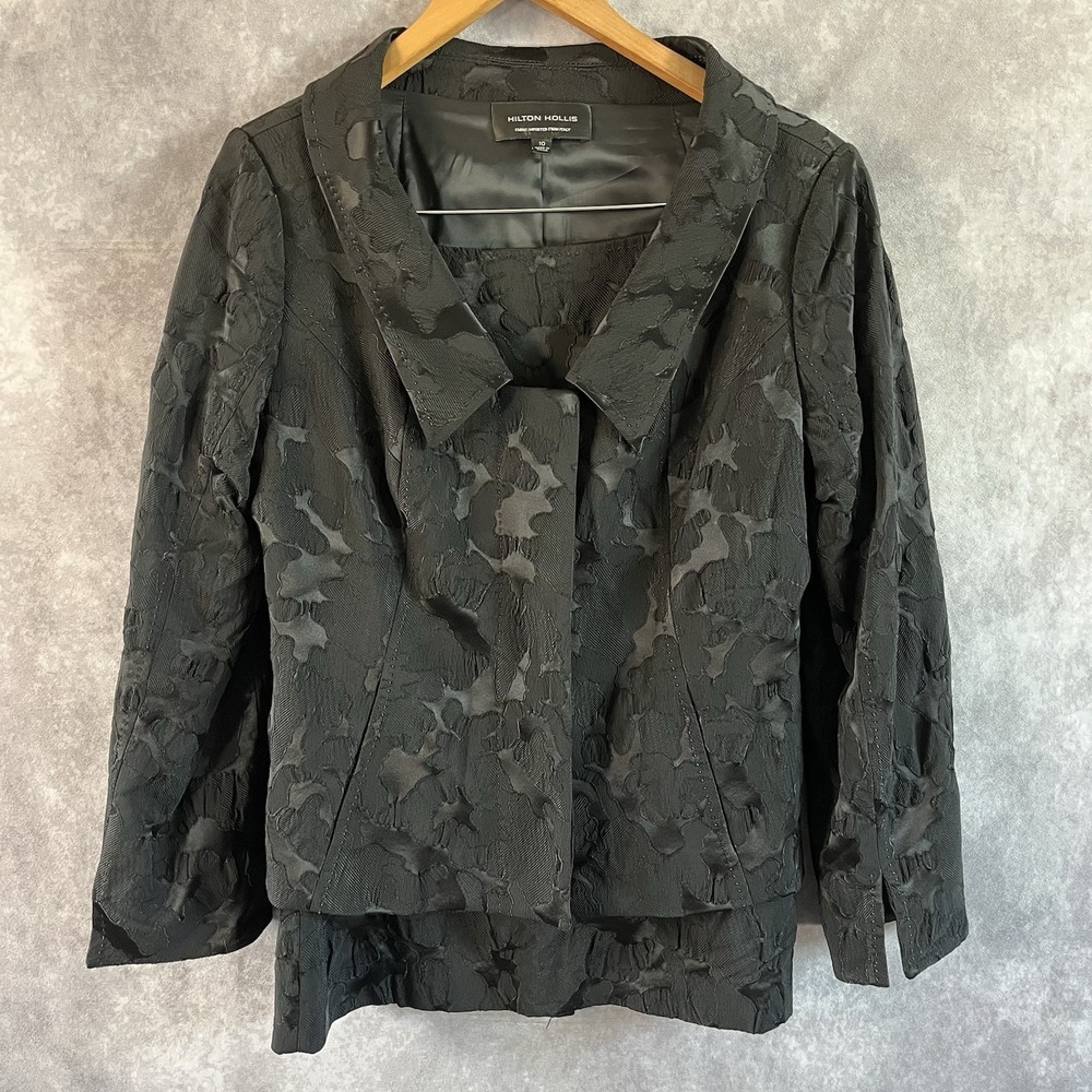 Hilton Hollis Skirt Suit Women 10 Black Italian Jacquard Architectural Collar